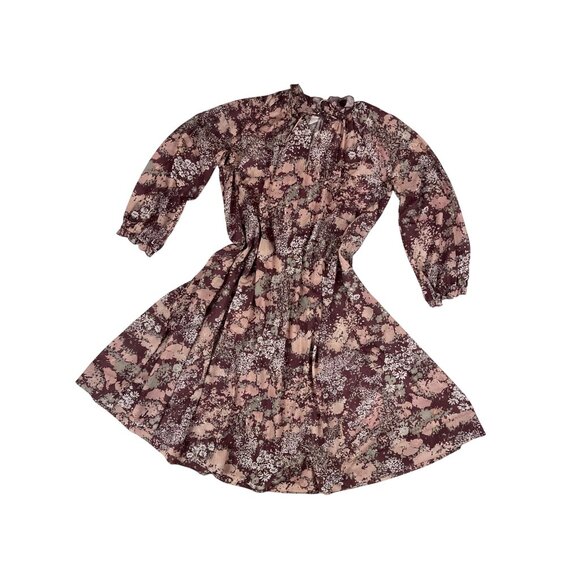 Vintage 70s Sheer Watercolor Floral Print Midi Dress Long Sleeve Tie Neck Ruffle - Picture 8 of 13